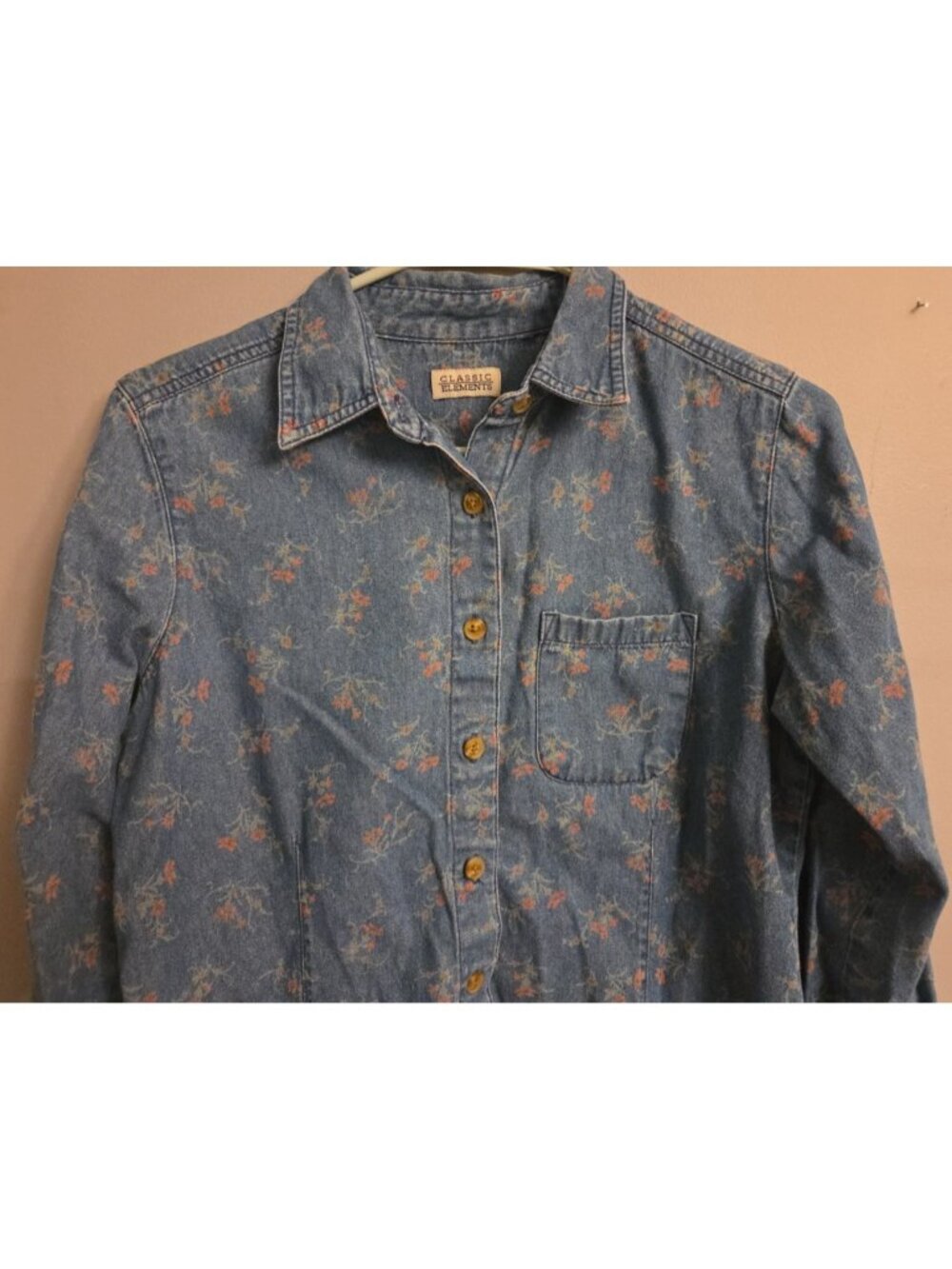 Classic Elements Blouse Womens S Blue Floral Print Denim Long Sleeve Button Up